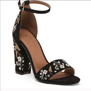Black suede floral heels